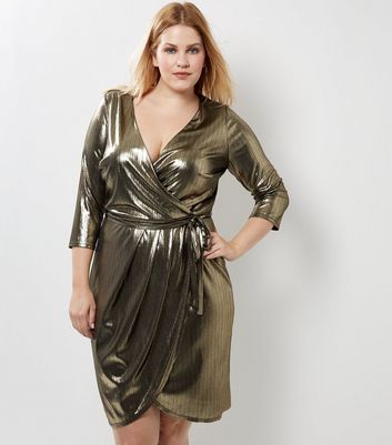 Curves Gold Metallic Wrap Front Dress | New Look